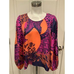 See By Chloe Purple, Orange & Navy Geometric Print 100% Silk Shirt, Size 6 (US)